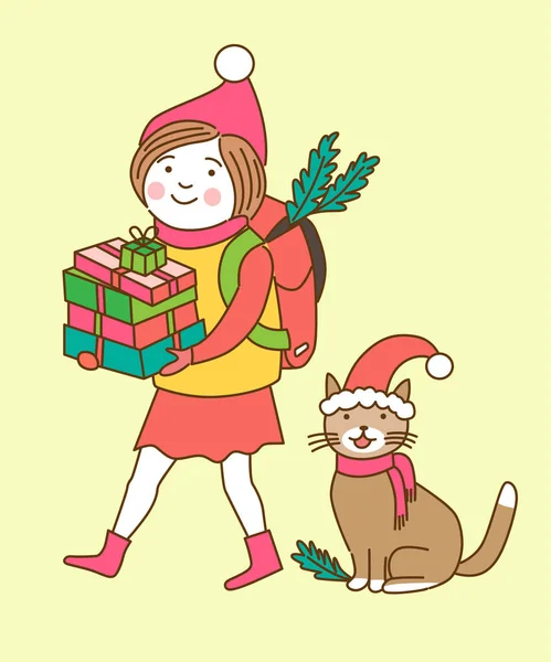 Mignonne Fille Dessin Animé Avec Cadeaux Chat Illustration Noël — Image vectorielle