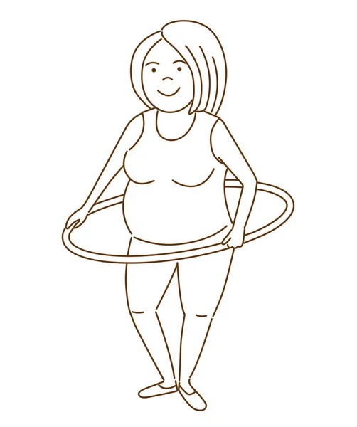 フラフープで運動する漫画の太った女の子 ベクトルイラスト — ストックベクタ