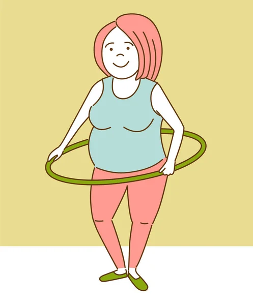 フラフープで運動する漫画の太った女の子 ベクトルイラスト — ストックベクタ