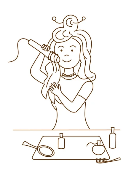 Roztomilý Kreslený Dívka Kartáčování Vlasy Vektorové Ilustrace — Stockový vektor