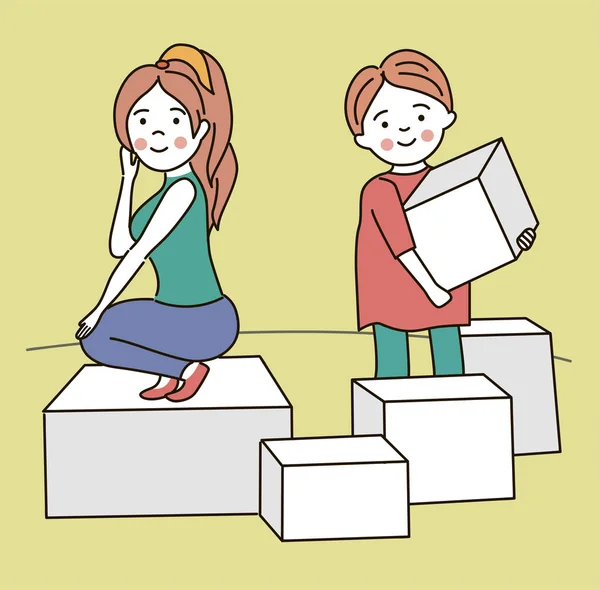 可爱的卡通夫妇与盒子移动 矢量插图 — 图库矢量图片