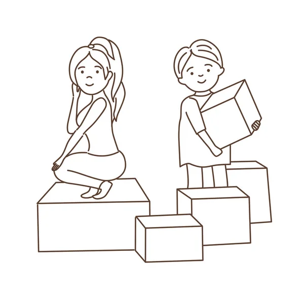 Bonito Desenho Animado Casal Com Caixas Para Mover Ilustração Vetorial — Vetor de Stock