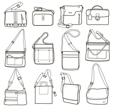 Moda erkeğinin çantalarının koleksiyonu (vektör illüstrasyonu)