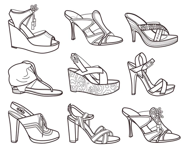 Set Fashion Shoes Coloring Book Vector Illustration — Stock Vector