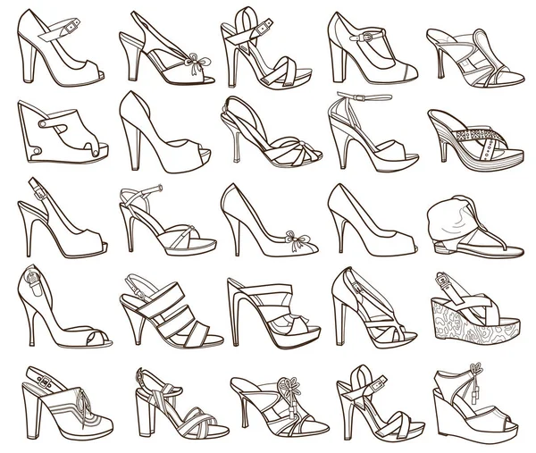Coleção Sapatos Femininos Isolados Branco Livro Para Colorir — Vetor de Stock