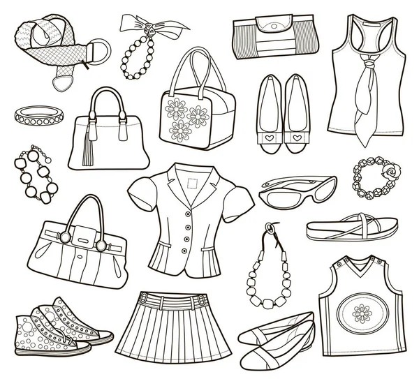Collection Vêtements Femme Mode Isolés Sur Blanc Illustration Vectorielle Livre — Image vectorielle