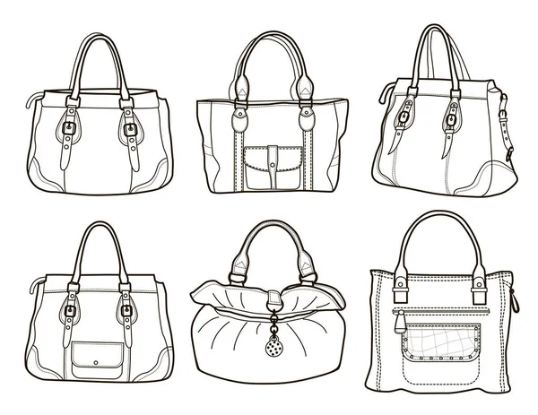 Colección Bolsos Mujer Aislados Blanco Libro Para Colorear — Vector de stock