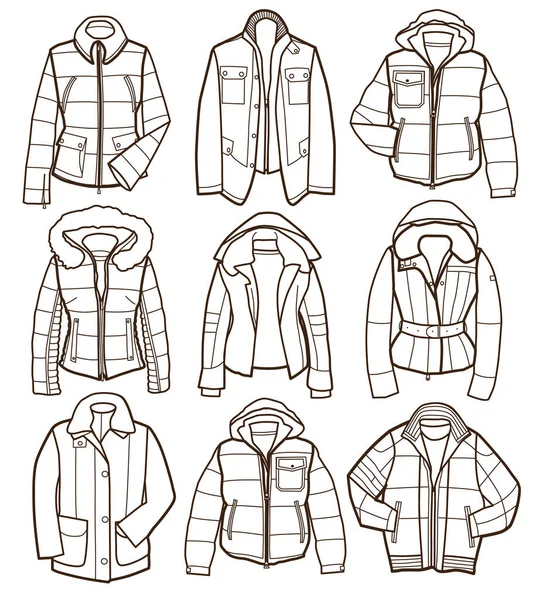 Collection Warm Winter Jackets Coloring Book — Stock Vector