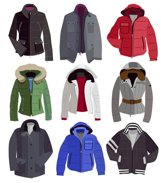 Colección Chaquetas Cálidas Invierno Ilustración Vectorial — Vector de stock