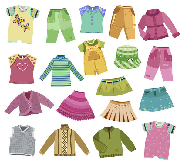 коллекция детской одежды на белом фоне
