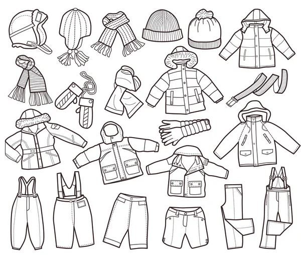 Коллекция Зимней Детской Одежды Раскраска — стоковый вектор