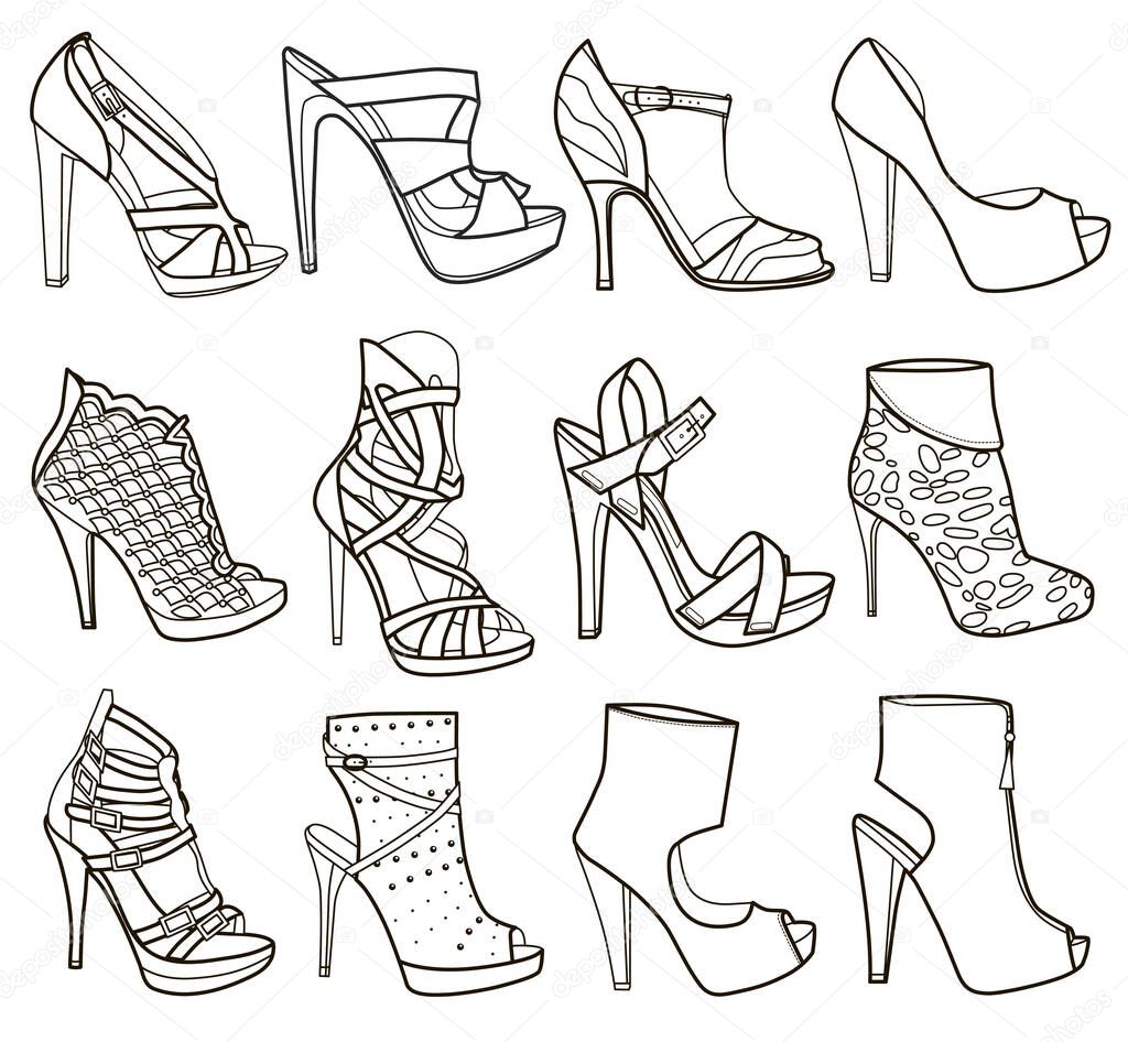 Collection of fashion women's shoes (vector illustration, coloring book)
