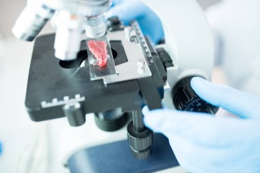 Yan görünümü closeup mikroskobu et tıbbi laboratuvar araştırma yaparken seyir modern genç bilim adamı