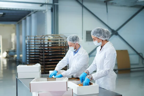 Arbeiter Der Süßwarenfabrik Weißen Mänteln Füllen Fertigen Teig Pappschachteln — Stockfoto