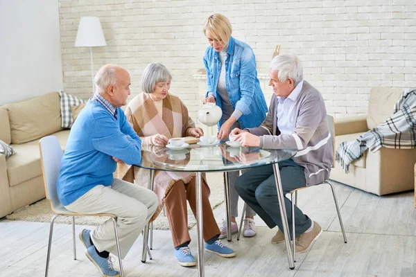 Full Length Portrait Group Senior People Sitting Glass Table Living — Stock Photo, Image