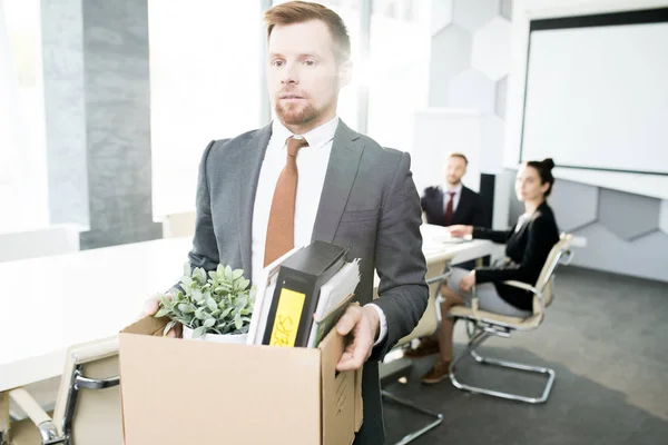 Waist Portrait Bearded Young Man Holding Box Personal Belongings Leaving — Stock Photo, Image