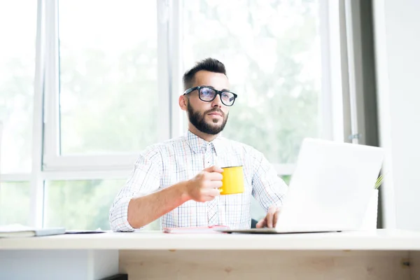 Retrato Del Hombre Negocios Barbudo Guapo Que Trabaja Escritorio Oficina — Foto de Stock