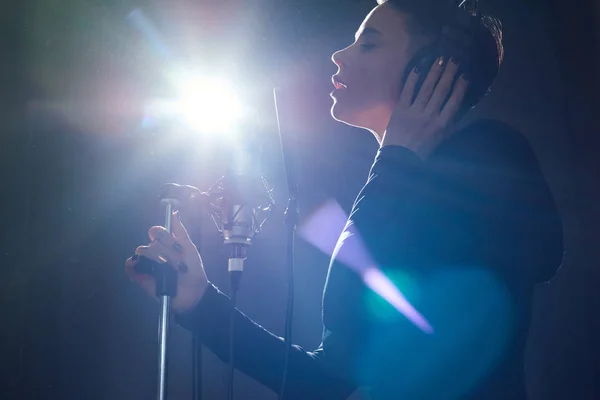 Side View Alluring Girl Wearing Headphones While Singing Microphone Bright — Stock Photo, Image