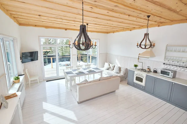 Wide Angle Modern Open Living Room Interior Overlooking Floor Ceiling — Stock Photo, Image