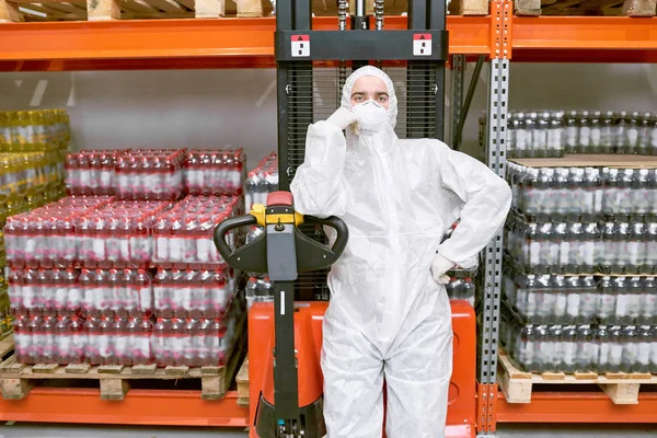 Sports Nutrition Production Worker Standing Warehouse Protective Clothing Leaning Pallet — Stock Photo, Image