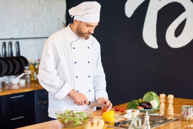Şef mutfak ve kesme taze sebze salatası için ayakta