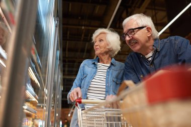 Modern üst düzey iki bakkal mutlu dondurulmuş gıdalar dondurucular tarafından ayakta seçerken gülümseyen süpermarkette alışveriş düşük açılı portresi