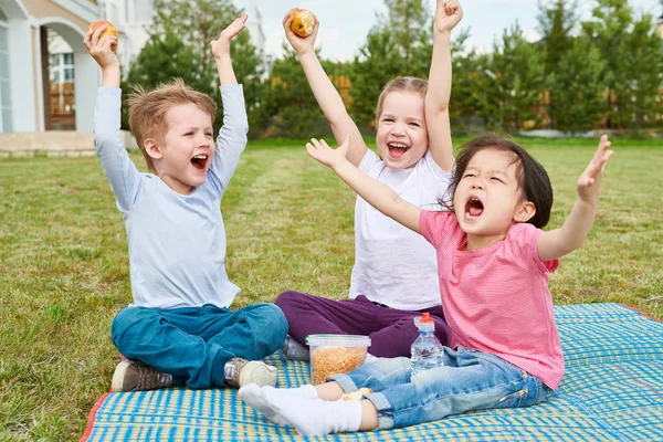 Küçük Piknik Zevk Mutlu Bir Şekilde Çığlık Battaniye Var Oturan — Stok fotoğraf