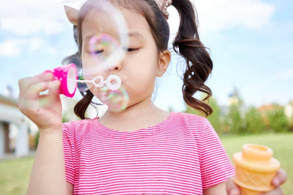 Head Shoulders Portrait Cute Asian Girl Blowing Bubbles While Playing — Stock Photo, Image