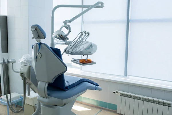 Blue Colored Seat Working Objects Dentist Placed Light Modern Office — Stock Photo, Image