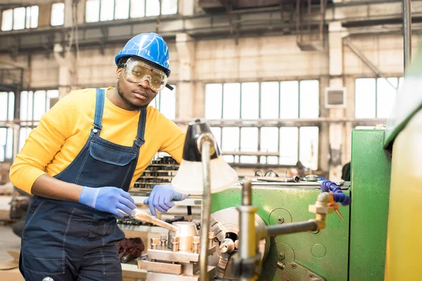 Portrait Shot Handsome Young Lathe Operator Wearing Protective Helmet Safety — Stock Photo, Image