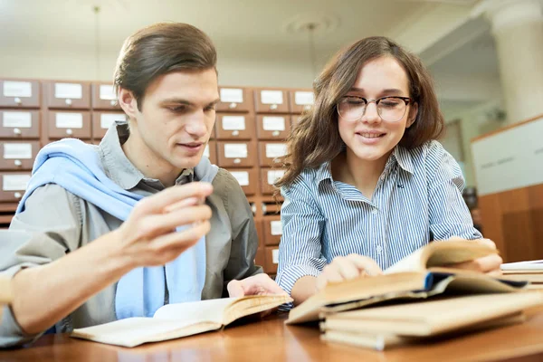 Positive Satisfied School Student Friends Analyzing Textbook Contain While Working — Stock Photo, Image