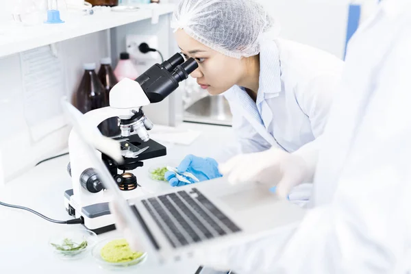 亚洲女性科学家在医学实验室研究中的侧面观察画像 — 图库照片