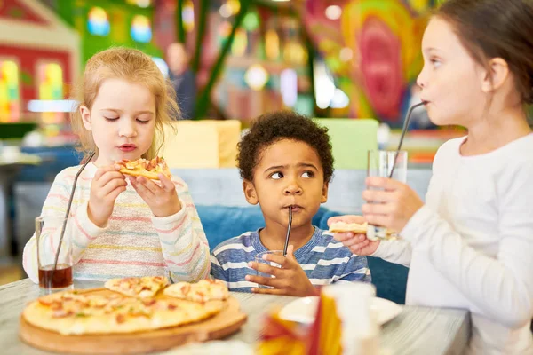 Multi Ethnic Group Children Party Cafe Having Pizza Drinks — Stock Photo, Image