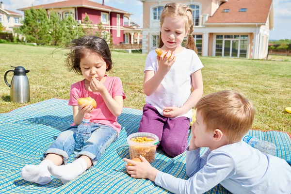 Retrato Tres Niños Pequeños Lindos Sentados Una Manta Haciendo Picnic — Foto de Stock