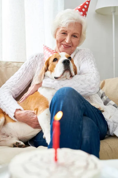 Glücklich Aufgeregte Seniorin Mit Weißem Haar Mit Partyhut Und Kuscheligem — Stockfoto