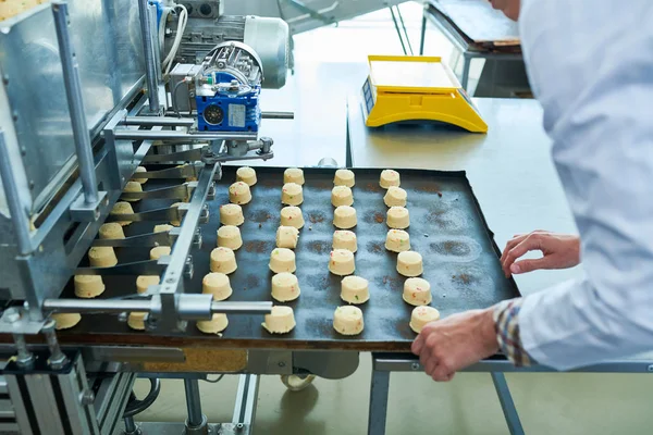 Crop confectionery factory employee holding baking tray with uncooked pastry while operating machinery