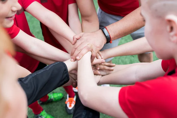 High Angle Closeup Junior Football Team Stacking Hands Motivational Pep — Stock Photo, Image