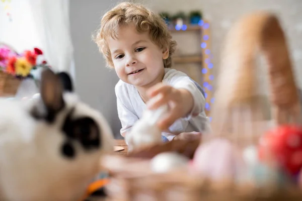 Retrato Lindo Niño Sonriendo Felizmente Mientras Juega Con Conejitos Casa —  Fotos de Stock