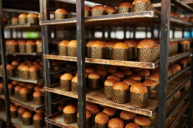 Taze pişmiş lezzetli pasta şekerleme Fabrikası'nda ile tepsiler raf. 