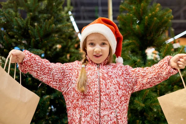 Pasa Górę Portret Szczęśliwy Dziewczynka Kapeluszu Santa Trzymając Dwie Torby — Zdjęcie stockowe