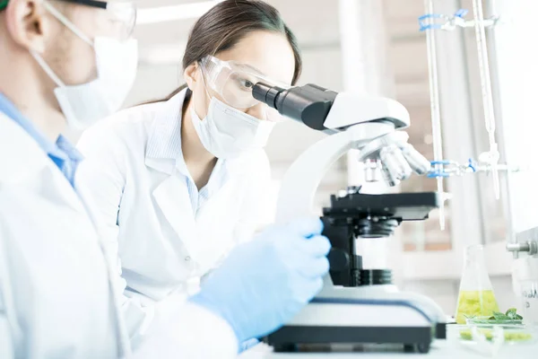 Retrato Dos Científicos Modernos Que Trabajan Investigación Alimentos Estudiando Líquidos — Foto de Stock