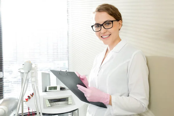 Waist Portrait Pretty Young Physician Wearing Eyeglasses White Coat Looking — Stock Photo, Image