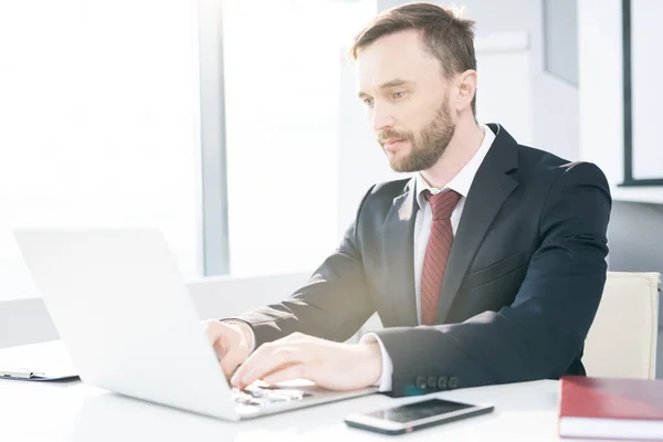 Portret Van Succesvolle Zakenman Met Behulp Van Laptop Terwijl Hij — Stockfoto