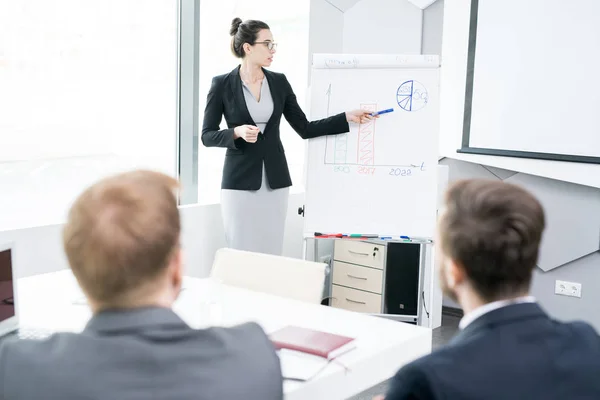 Portrait Young Businesswoman Wearing Glasses Pointing Whiteboard Explaining Marketing Strategy — Stock Photo, Image