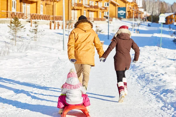 夫妇牵手和拉雪橇与小女儿的后视图在明亮的冬日午后漫步在雪地小径上 — 图库照片