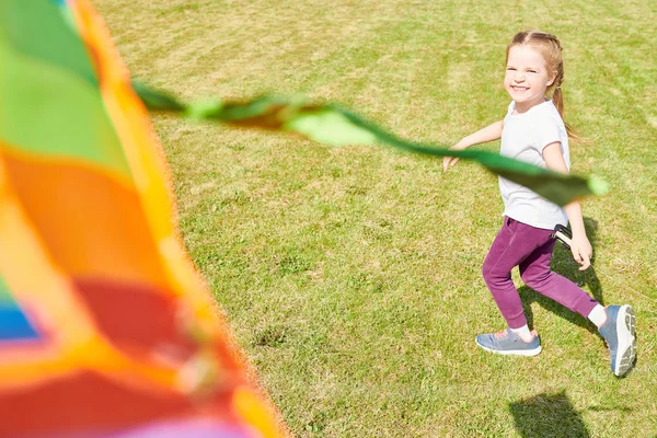 High Angle Portrait Carefree Little Girl Playing Kite Running Green — Stock Photo, Image