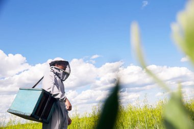 Yan görünümü portresi koruyucu iş giysisi ayakta güneşli yeşil çayır, kopya alanı içinde genç arıcı
