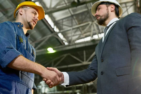 Midja Upp Sidan Visa Stilig Affärsman Bära Hardhat Skakande Händer — Stockfoto