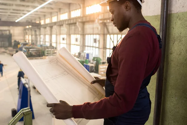 Profilvyn Stilig African American Ingenjör Bär Övergripande Och Skyddshjälm Studera — Stockfoto