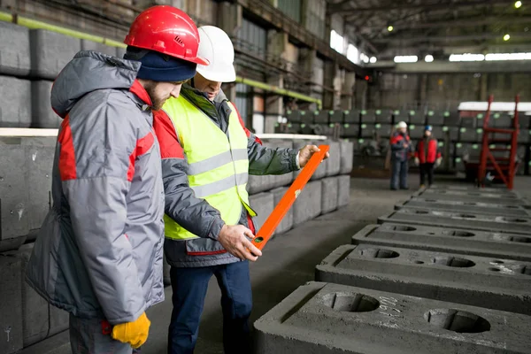 Retrato Dois Trabalhadores Fábrica Moderna Que Inspeciona Qualidade Produção Planta — Fotografia de Stock